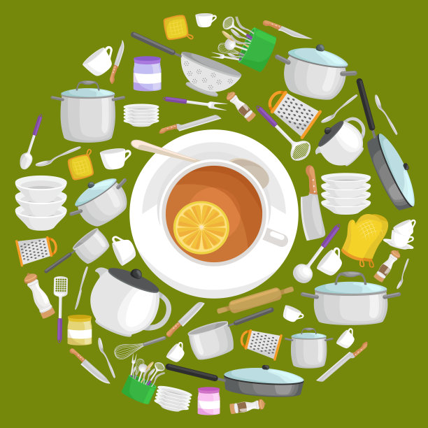 厨具图标向量集。卡通厨房用具收集勺子锅食物刀叉子杯子平底锅铲子勺子盘子盘子碗漏勺搅拌器刨丝器。钢制家用餐具、烹饪设备图片下载