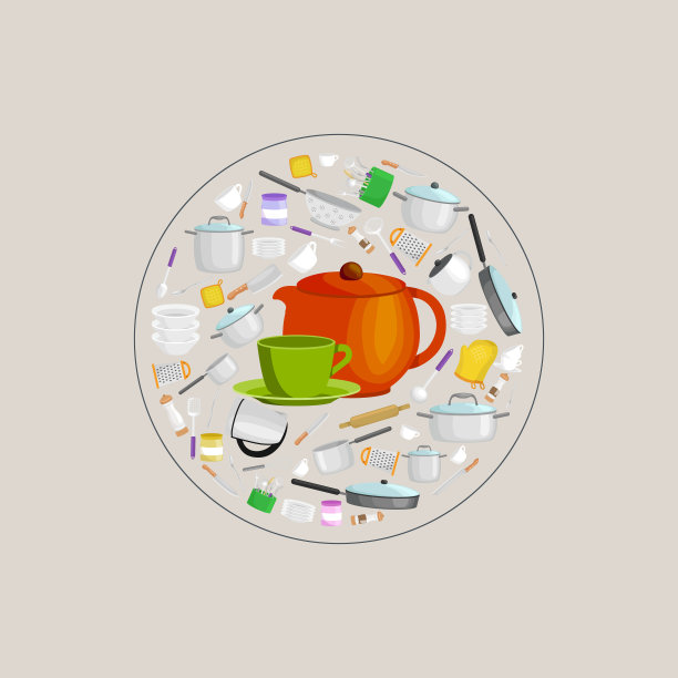 卡通厨房用具套装，橙色teepot和绿色杯与碟向量插图的收集图片下载
