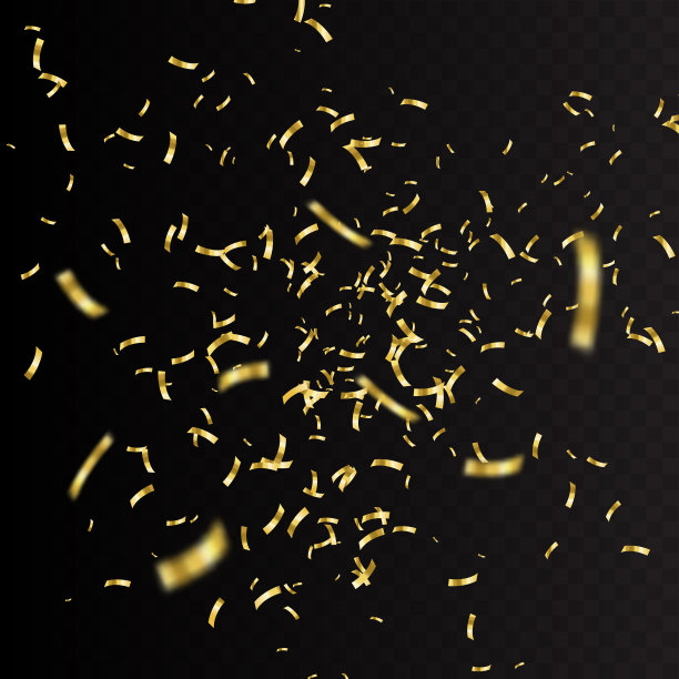 金色的纸屑孤立在黑色的背景上。节日向量背景图片下载