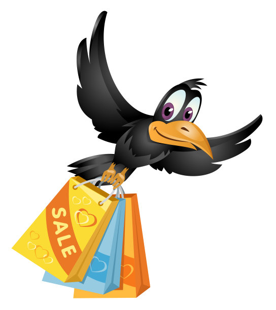 飞来的乌鸦拿着大减价的购物袋。卡通风格的矢量插图。图片下载