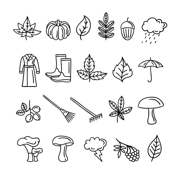 勾勒可爱的秋天符号向量集。秋季插图和对象图片下载