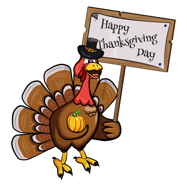 在感恩节，戴着南瓜帽子的卡通火鸡和一块祝贺片。矢量图图片下载