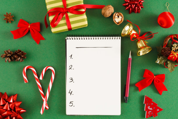 圣诞愿望清单。空白的记事本在凌乱的桌面背景图片下载