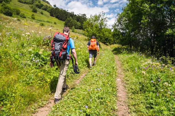 一群背着背包爬山的游客的肖像图片下载