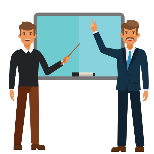 年轻的学生和教授站在一个指针卡通平面矢量插图概念上孤立的白色背景素材图片