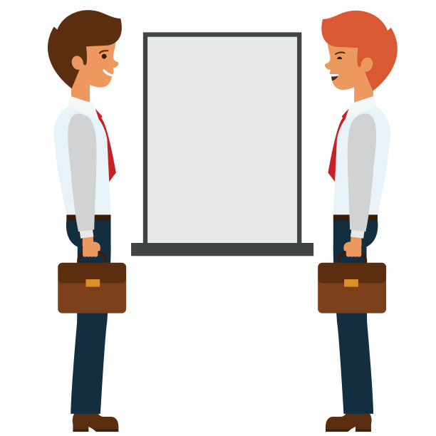 两个商人谈论近展示板卡通平面矢量插图概念上孤立的白色背景图片下载