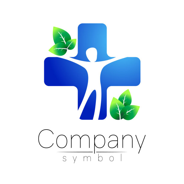 医学蓝十字和绿叶-向量模板概念插图。医学信号。健康的象征。医疗保健自然标志图标。网页，横幅，药丸的设计元素图片下载