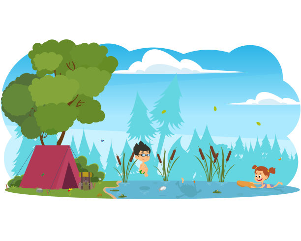 男孩和女孩在河里游泳。图片下载