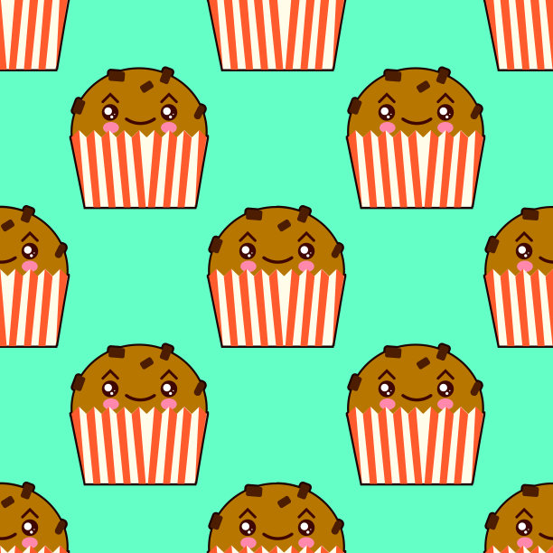可爱的杯子蛋糕无缝图案和卡哇伊的脸。奶油蛋糕。平面设计矢量图图片下载
