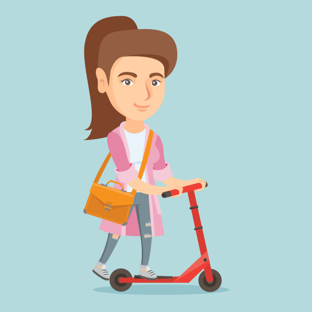 年轻的白人商业妇女骑踢踏板车图片下载