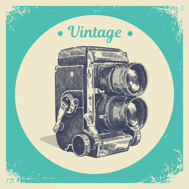 手绘图形笔触纹理的老旧胶片双镜头相机。孤立的矢量图图片下载