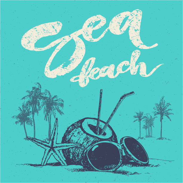 手绘海滩派对文字素材（棕榈树、椰子、海星、太阳镜）图片下载