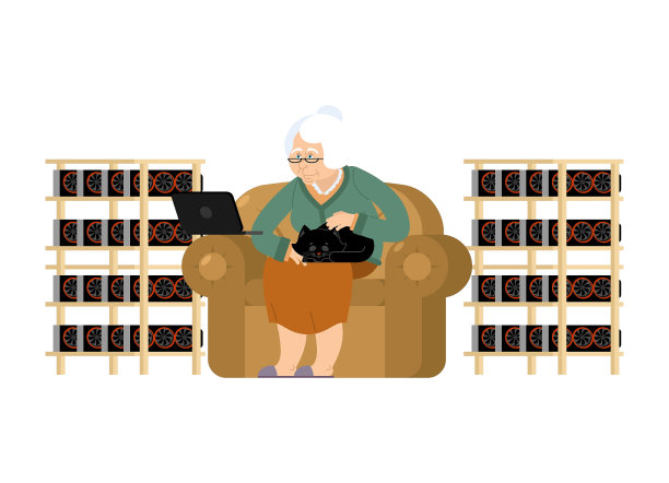 采矿农场和祖母。Cryptocurrency在家。奶奶提取虚拟货币。矢量图图片下载