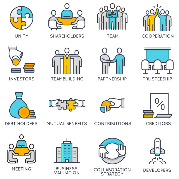 与团队合作和人力资源管理相关的矢量线性图标素材图片