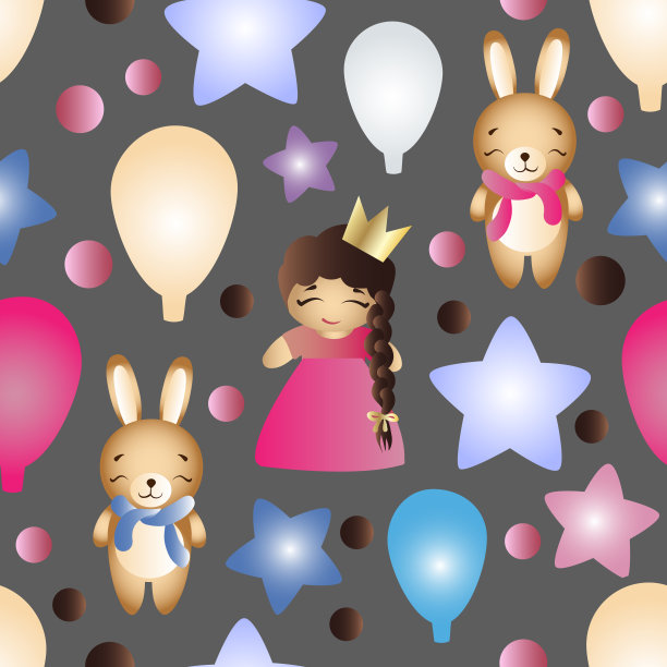 无缝图案与卡通可爱的玩具小女孩兔子、星星、云、熊和气球在灰色的背景图片下载