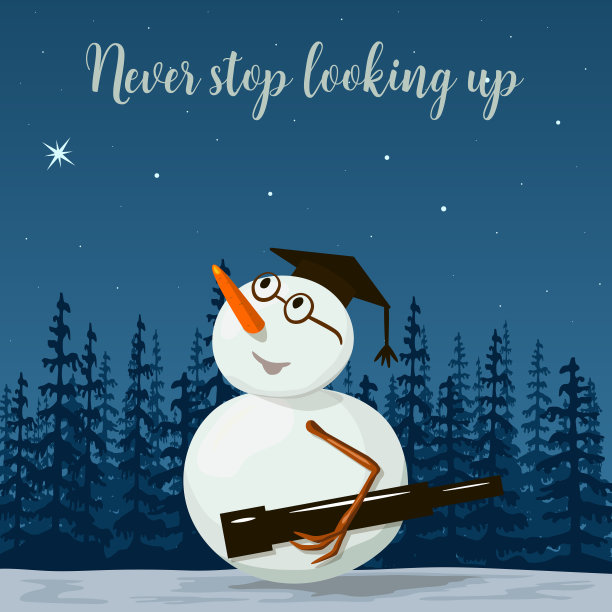 雪人的科学家。看星星的人,天文学家。天空，星星，木材，树木，冷杉，薄雾。矢量图图片下载