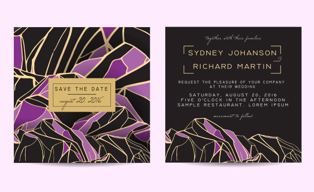 美丽的婚礼集，装饰抽象的山。的邀请函模板图片下载