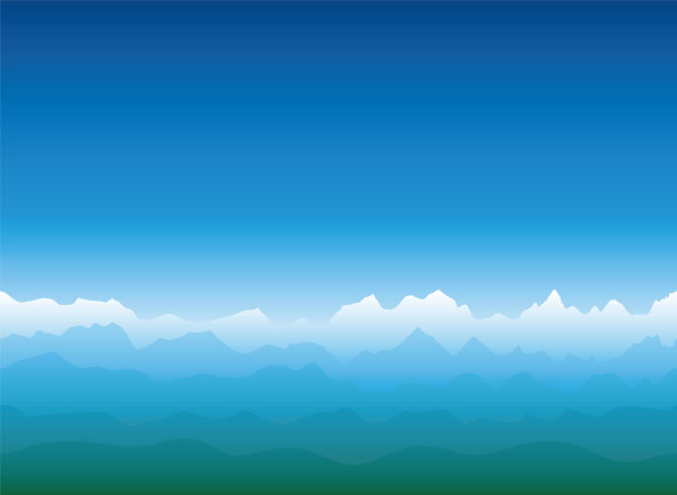 高山地平线与白雪覆盖的冰川，蓝色的山脉和绿色的山丘，一个广阔和朦胧的景观-向量插图在蓝色梯度背景-在两个方向无缝扩展。图片下载