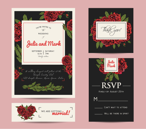 植物邀请集与回复卡。漂亮的牡丹花请帖图片下载