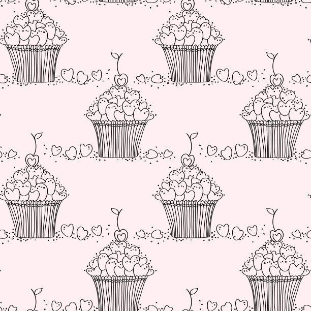 无缝图案的涂鸦心形和纸杯蛋糕图片下载
