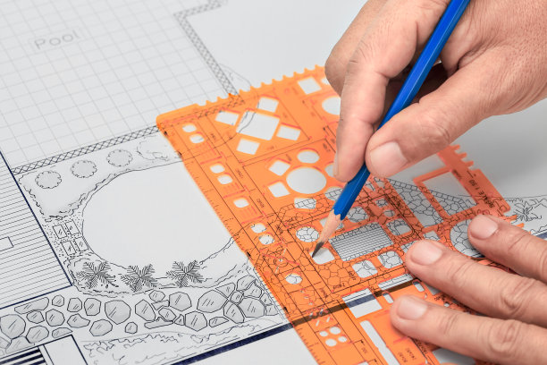 别墅的后院花园和游泳池设计蓝图图片下载