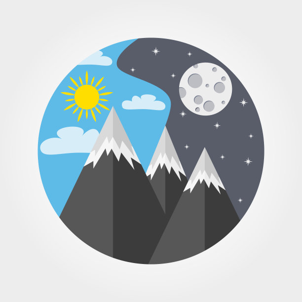 平面设计矢量自然插图与高山或攀登者和露营，太阳，小山，山脉，月亮和云。白天和夜晚的风景。图片下载