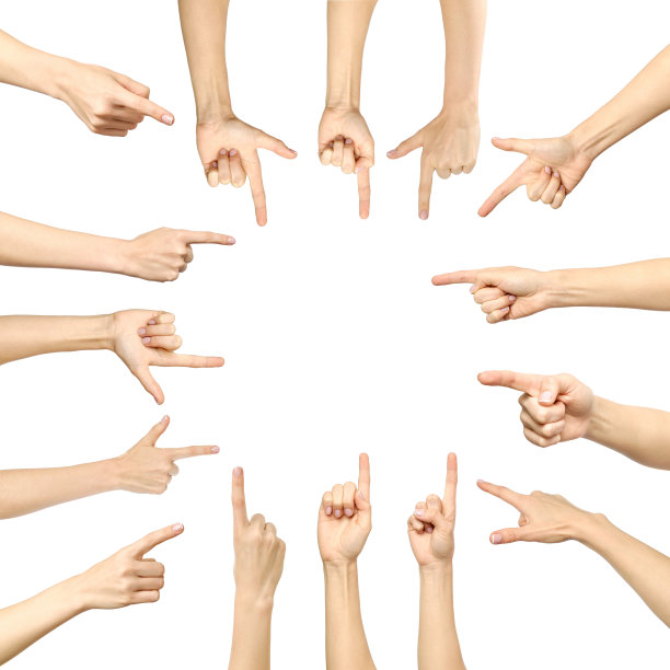 女性的手指出。集合孤立在白色背景，多幅图片的集合图片下载