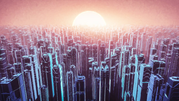 日落时的未来主义城市景观图片下载