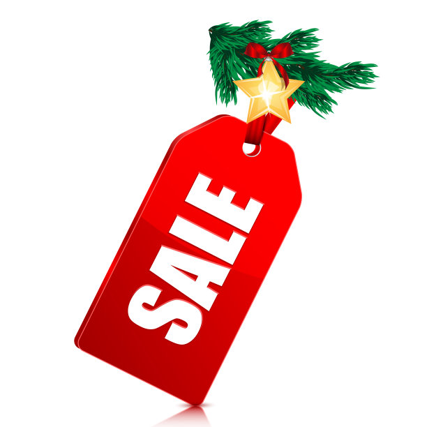 带有圣诞树和圣诞装饰品的红色标签图片下载