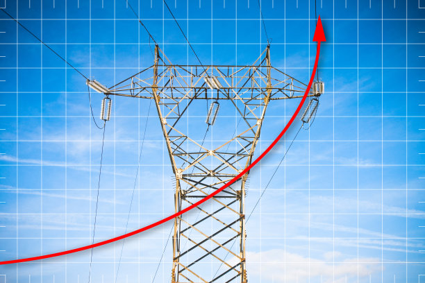 手绘能源生产图-蓝色背景为电力塔和输电线路的概念图图片下载