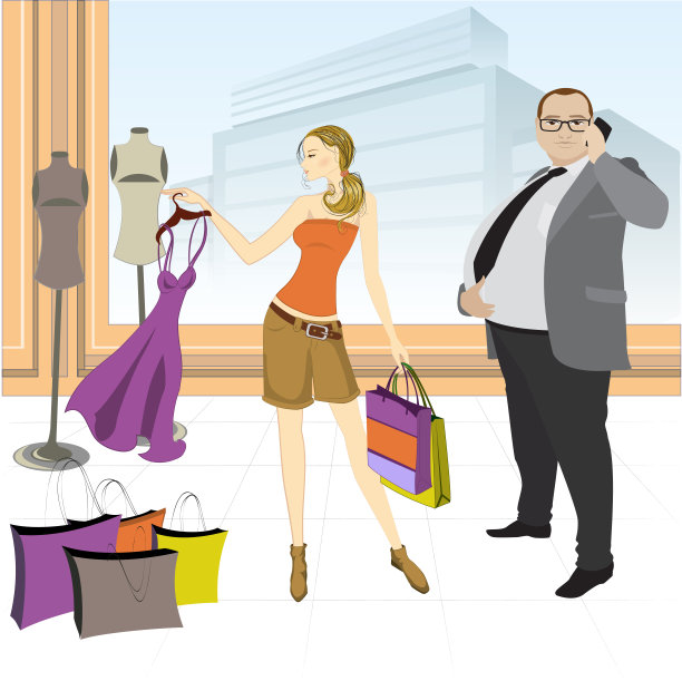 穿着漂亮的购物女郎和细胞ph的胖商人图片下载