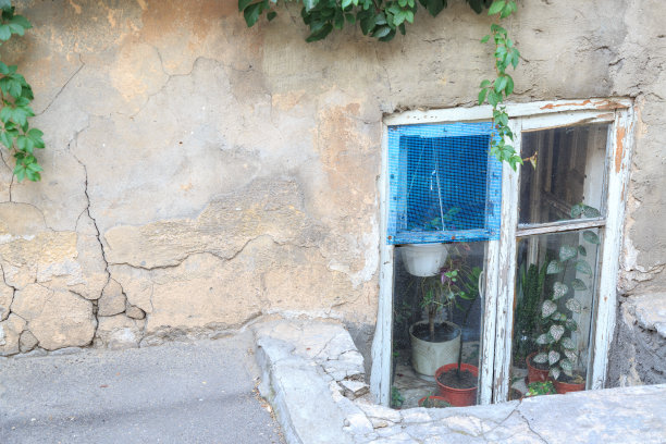乌克兰敖德萨的一扇装有植物的旧窗户图片下载