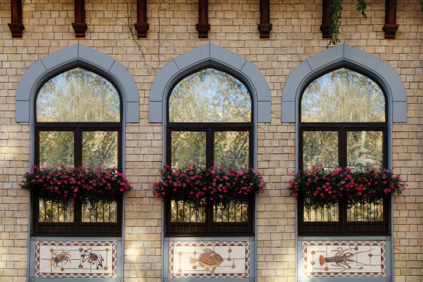 现代砖立面，窗户和窗台上的花图片下载