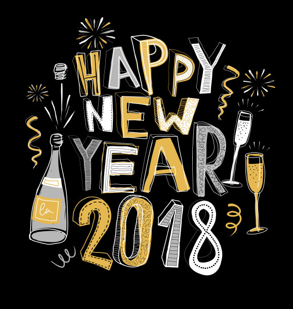 手绘2018新年快乐涂鸦贺卡图片下载