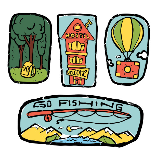 旅行彩色插图，图标集图片下载