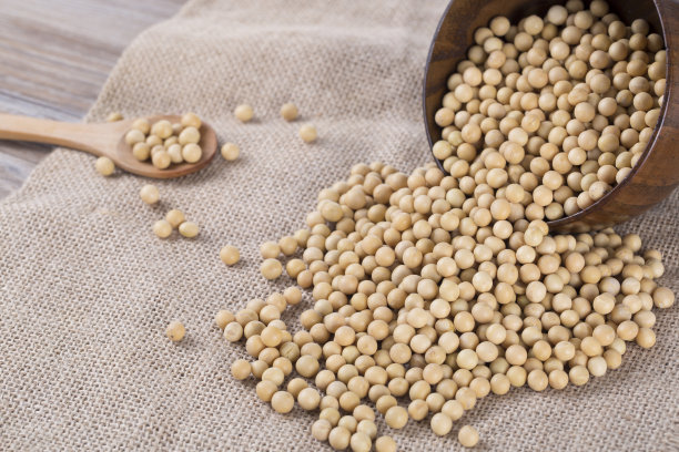 大豆和木碗的特写。图片下载