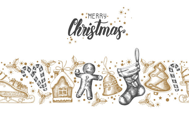 无缝时髦的模式与手绘金黑色圣诞对象上的白色。圣诞快乐，恭贺新禧。Sketch.Lettering。图片下载