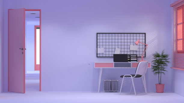 室内色彩缤纷的室内装饰，办公室3D效果图，用台灯、笔记本电脑等装饰树摆放在桌椅上，白色的墙面简洁的室内设计图片下载