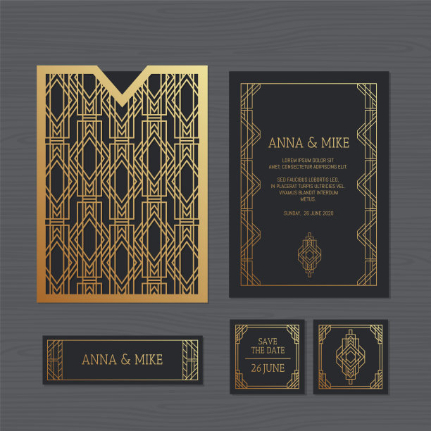 带有几何装饰的豪华婚礼请柬或贺卡。装饰艺术风格。纸花边信封模板。婚礼邀请信封激光切割模型。矢量插图。图片下载
