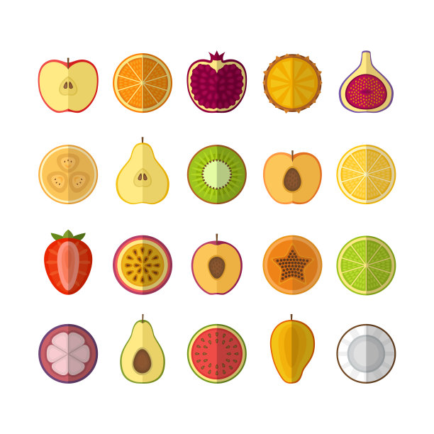 水果和浆果图标集。平面风格，矢量插图。图片下载