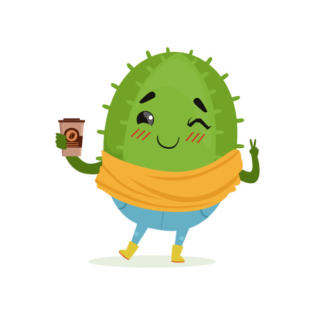 可爱的仙人掌拿着一杯咖啡，有趣的植物卡通人物矢量插画图片下载