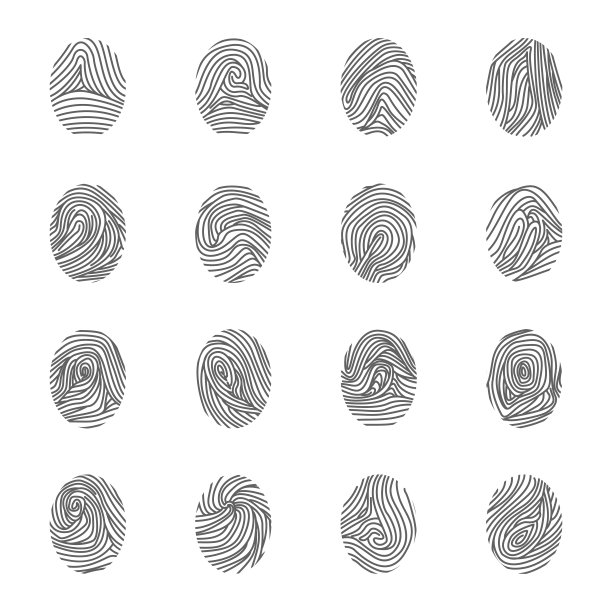 各种独特的指纹黑细线图标设置。向量图片下载