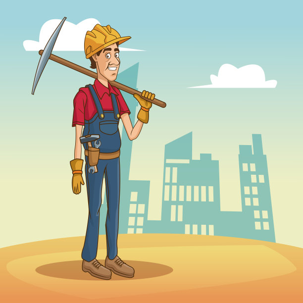 工人与工具在城市景观卡通图片下载