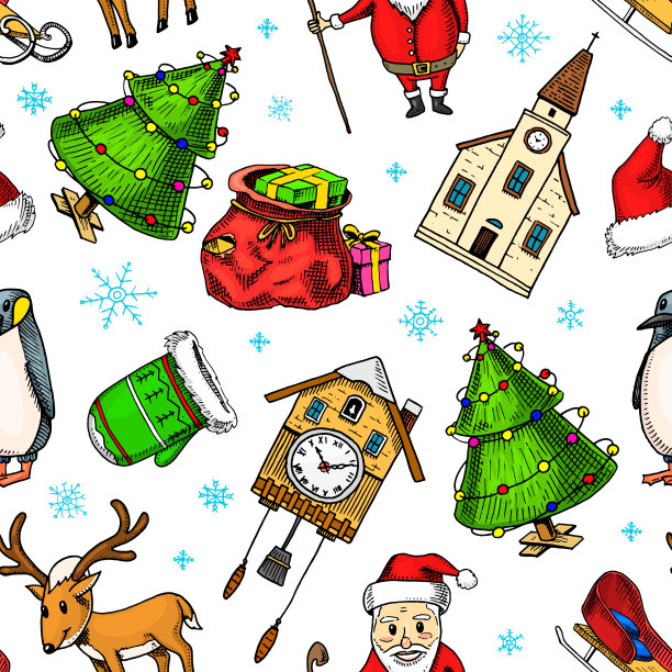 手工雕刻的旧素描和复古风格的标签。圣诞快乐，新年精选。寒假装饰。无缝图案，圣诞树和圣诞老人，礼物和棒棒糖图片下载
