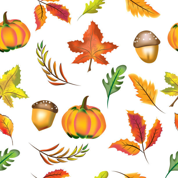 数字无缝模式的插图和矢量的传统感恩节收获植物，南瓜，橡子，枫叶，和森林的叶子图片下载