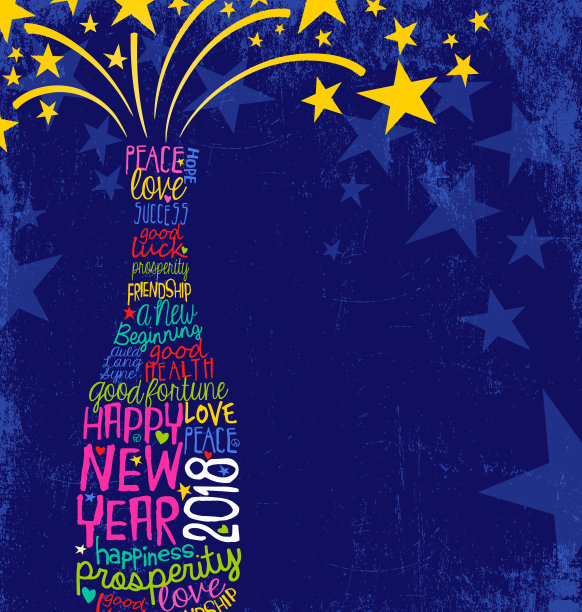 2018新年设计：香槟酒瓶与手写祝福语素材图片