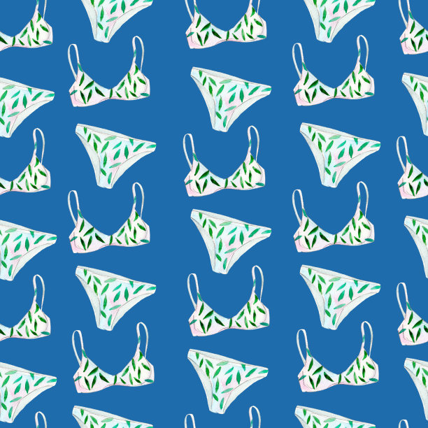 水彩无缝模式与胸罩和裤子的蓝色背景，明亮的手绘夏季背景。图片下载