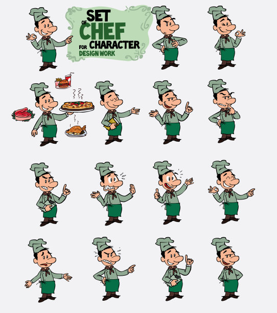 白色的厨师。同一人物不同表情的姿势组合。悲伤、快乐、愤怒……总是像在黑板前一样，显示你想要的数据。图片下载