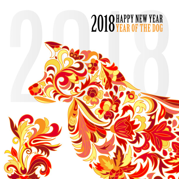 狗，中国农历2018年的象征。2018年新年贺卡和贺卡。矢量插图。涂鸦风格。红，黄，白。邮票图片下载