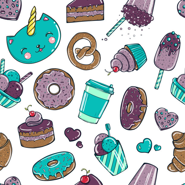 无缝图案配以糖果、甜甜圈、甜冰淇淋等美味元素。图片下载